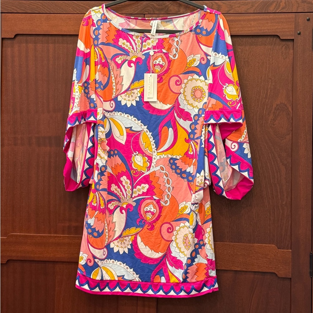 Trina Turk Pink Orange Blue Paisley Long Sleeve Shift Dress